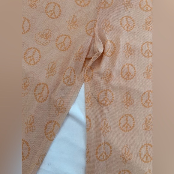 Looney Tunes Peach Graphic Mesh Bell bottom cinched waist Y2K Pants L - Picture 11 of 12